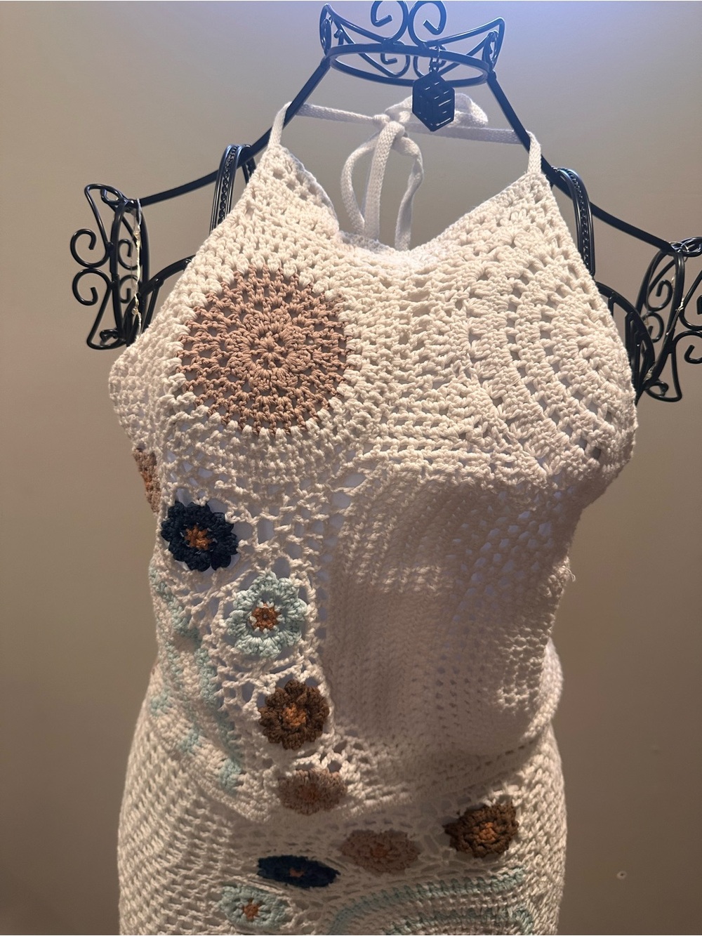 Free People White Crochet Maxi Dress with Blue and Brown Floral Motifs - Picture 3 of 8